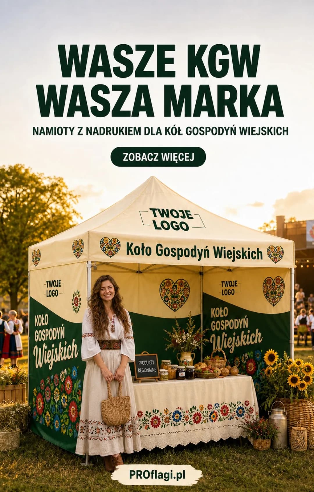 🌿 Wasze KGW zasługuje na oprawę, która przyciąga uwagę już z daleka. Personalizowany namiot reklamowy 3×3 m pomoże stworzyć spójne i profesjonalne stoisko na dożynki, festyny, jar